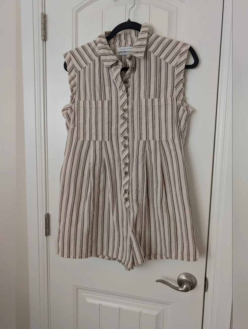 Sleeveless Striped Button-Front Cotton Romper in Beige and Brown S
